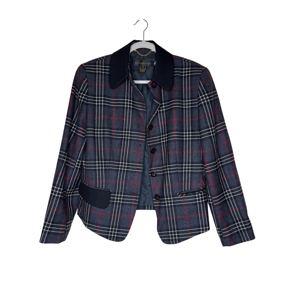 Vintage Classiques Entier Blazer Charcoal and Red Plaid Wool Sz M Dark Academia